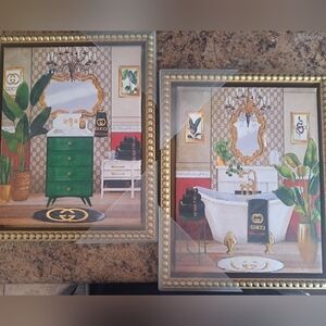 NWT Wall Decor Gold and Green Bathroom Art Set